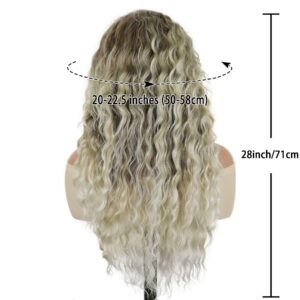 GNIMEGIL Long Curly Blonde Wigs for White Women Ash Blonde Ombre Wig Natural Fluffy Hair Thick Hairline Synthetic Wigs 26inches Long Wig Wavy