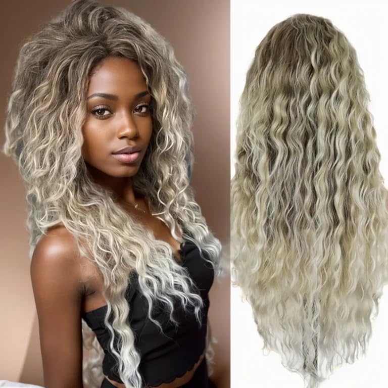 GNIMEGIL Long Curly Blonde Wigs for White Women Ash Blonde Ombre Wig Natural Fluffy Hair Thick Hairline Synthetic Wigs 26inches Long Wig Wavy