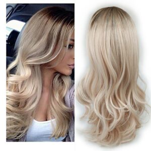 lady miranda blonde wigs for white women brown to ash blonde natural looking high density heat resistant synthetic hair weave full wigs for women middle part long ombre blonde wavy wig (t/ash blonde)