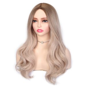 LADY MIRANDA Blonde Wigs for White Women Brown to Ash Blonde Natural Looking High Density Heat Resistant Synthetic Hair Weave Full Wigs for Women Middle Part Long Ombre Blonde Wavy Wig (T/Ash Blonde)