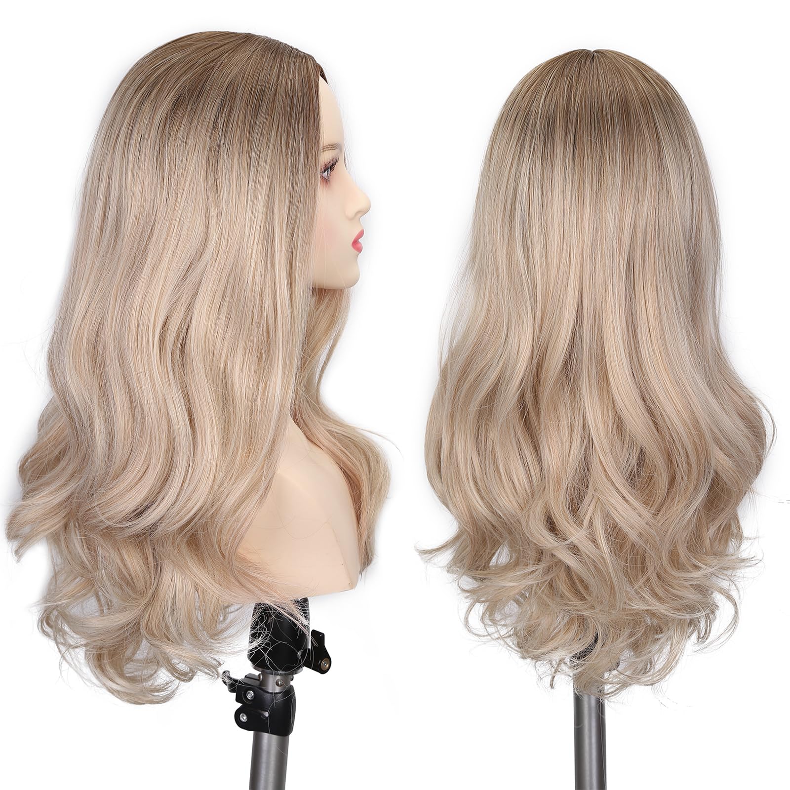 LADY MIRANDA Blonde Wigs for White Women Brown to Ash Blonde Natural Looking High Density Heat Resistant Synthetic Hair Weave Full Wigs for Women Middle Part Long Ombre Blonde Wavy Wig (T/Ash Blonde)