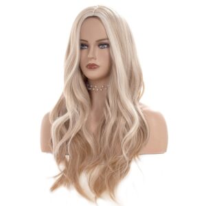 Gerulyss 26 Inches Light Wigs for Women Long Wavy Middle Part Wig Natural looking Synthetic Fluffy Hair for Cosplay,Halloween,Daily Use (Blonde)