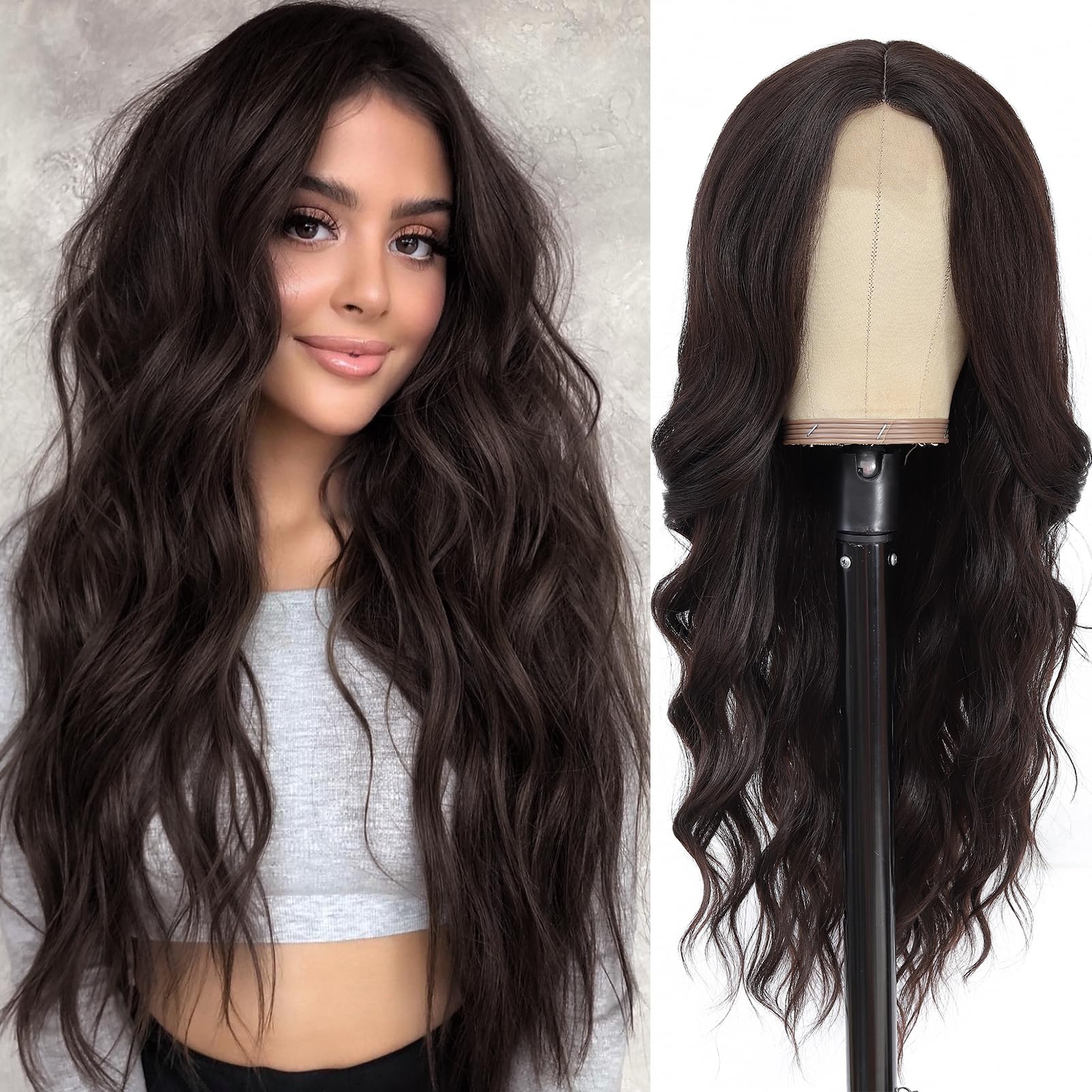 NAYOO Long Dark Brown Wavy Wig for Women Synthetic Curly Middle Part Wig Natural Looking Heat Resistant Fibre for Daily Party Use 26 Inch (Dark Brown)