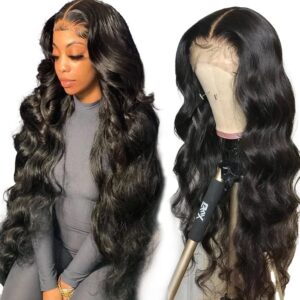 yamikk 28 inch 13x5 hd full lace front wigs human hair pre plucked with baby hair 180 density body wave wigs for women natural frontal wig