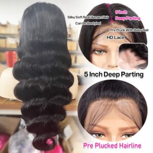 Yamikk 28 inch 13x5 HD Full Lace Front Wigs Human Hair Pre Plucked With Baby Hair 180 Density Body Wave Wigs For Women Natural Frontal Wig