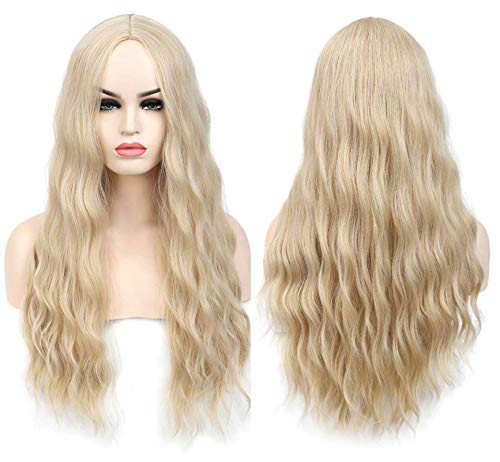 SHINYSHOW 26 inches Blond 613 long Wavy Wig Middle Part Synthetic Halloween Party Cosplay Wig for Women Blonde Wig