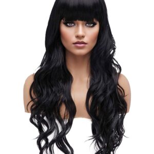 BESTUNG Long Curly Wavy Wigs for Women Ladies Synthetic Full Hair Natural Black Brunette Wig with Straight Bangs for Daily Wear (Straight Bangs, Black)