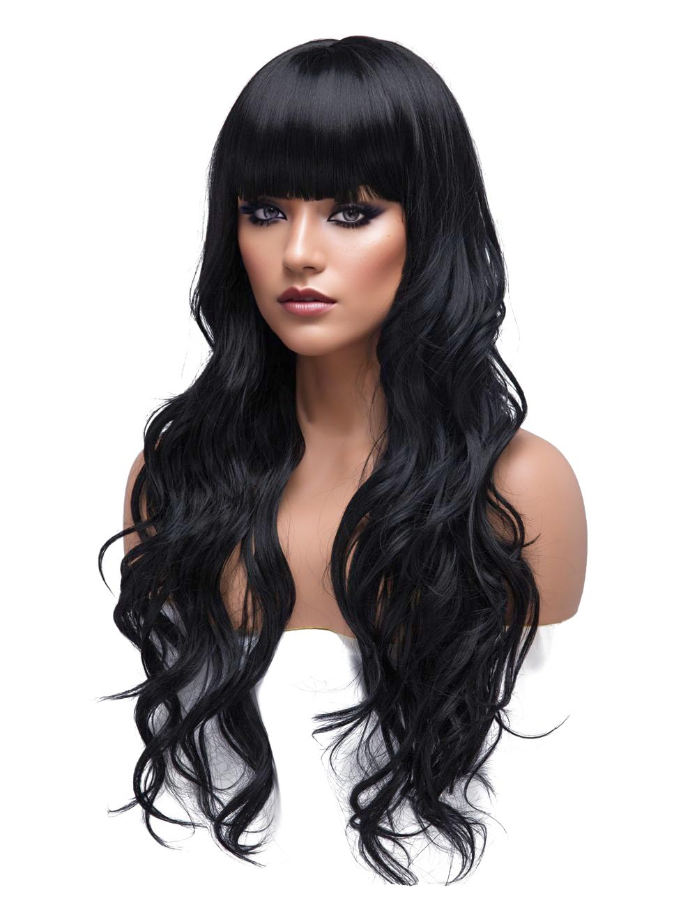 BESTUNG Long Curly Wavy Wigs for Women Ladies Synthetic Full Hair Natural Black Brunette Wig with Straight Bangs for Daily Wear (Straight Bangs, Black)