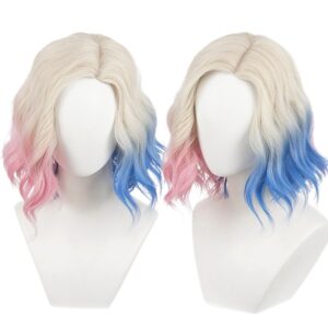 NiceLisa Blonde Short Wave Curly Enid Sinclair Wigs with Pink Blue Hair Women Girls Modern Anime Cosplay Wig Daily Wear Wigs