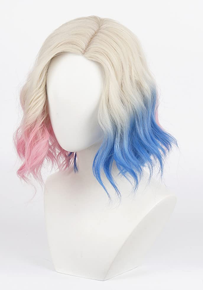 NiceLisa Blonde Short Wave Curly Enid Sinclair Wigs with Pink Blue Hair Women Girls Modern Anime Cosplay Wig Daily Wear Wigs