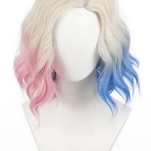 NiceLisa Blonde Short Wave Curly Enid Sinclair Wigs with Pink Blue Hair Women Girls Modern Anime Cosplay Wig Daily Wear Wigs