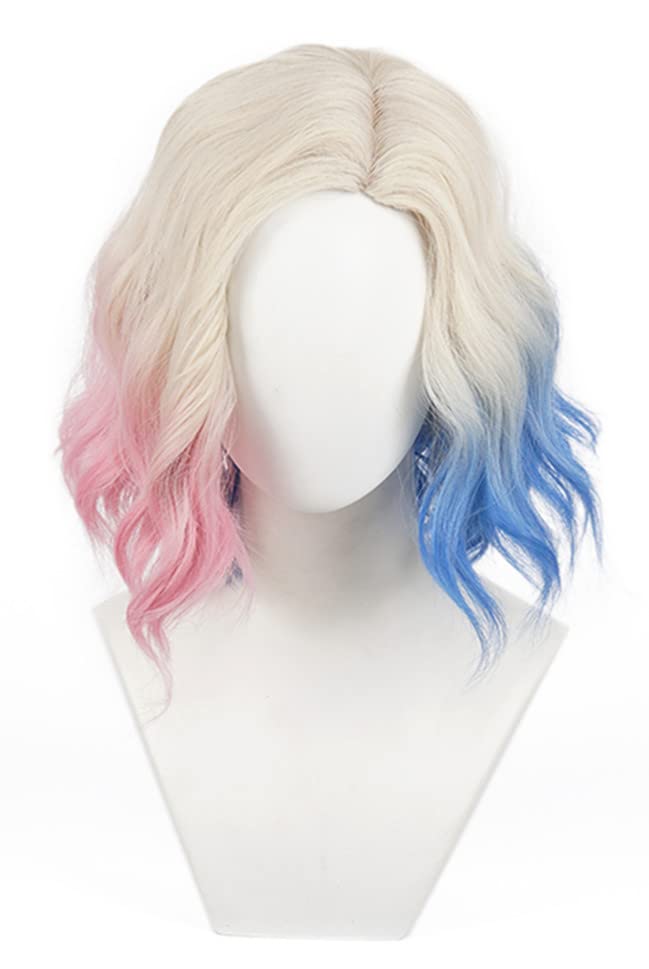 NiceLisa Blonde Short Wave Curly Enid Sinclair Wigs with Pink Blue Hair Women Girls Modern Anime Cosplay Wig Daily Wear Wigs