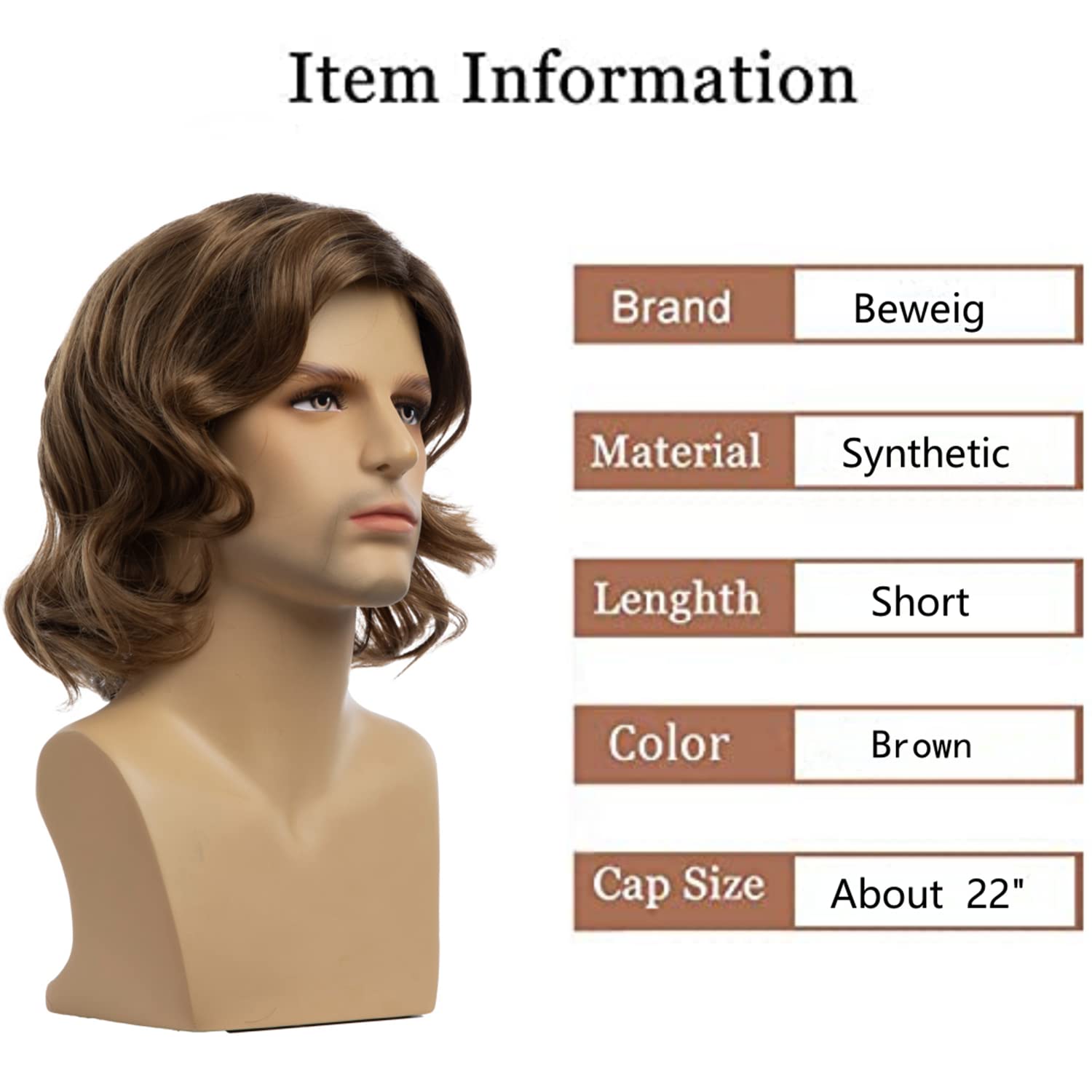 Beweig Mens Brown Wig Short Curly Side Part Synthetic Hair Replacement Wig for Daily Party Costume Halloween