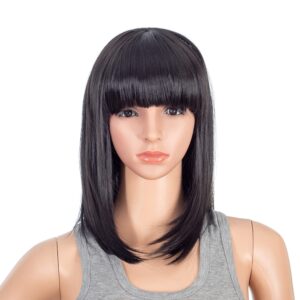 SWACC Short Straight Bob Wig with Bangs Synthetic Colorful Cosplay Daily Party Flapper Wig for Women with Wig Cap (Black-1B)