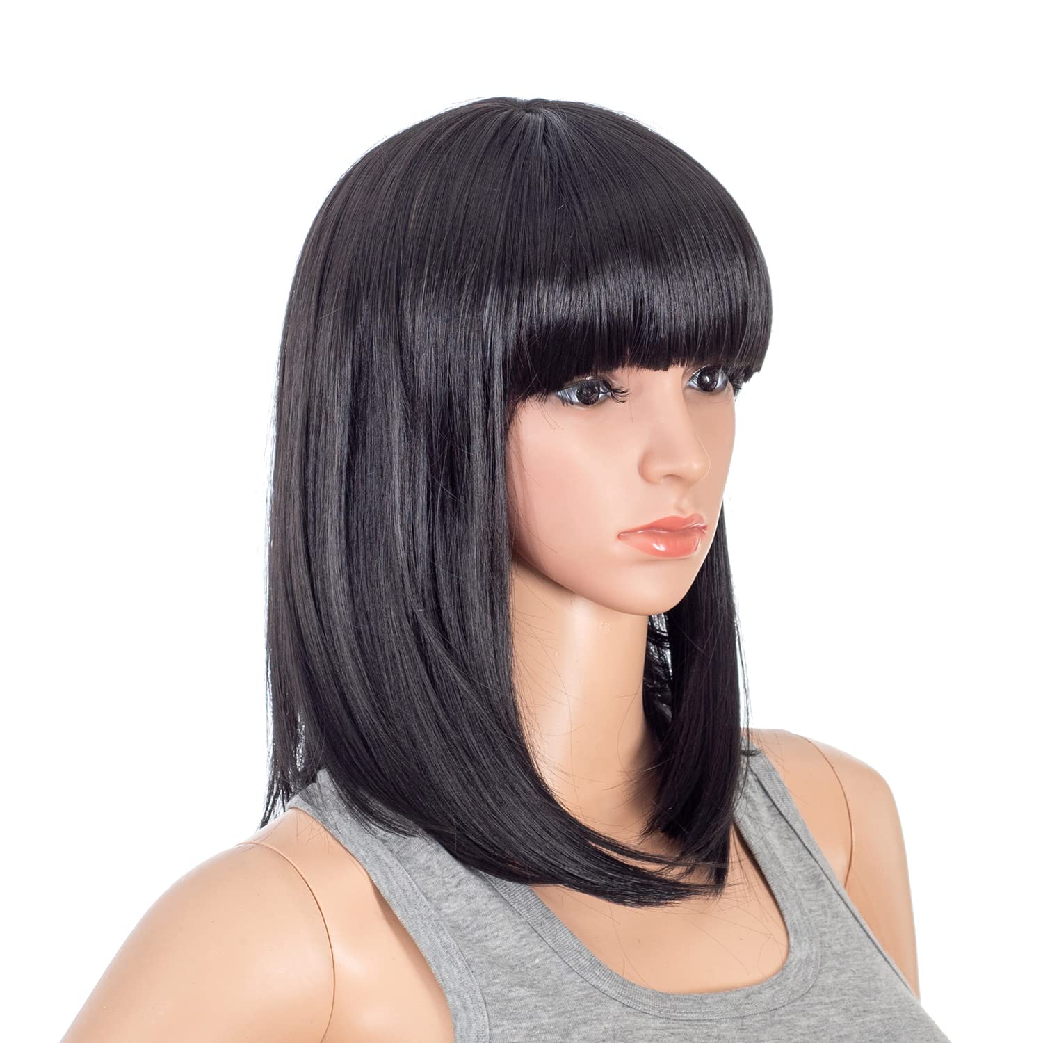 SWACC Short Straight Bob Wig with Bangs Synthetic Colorful Cosplay Daily Party Flapper Wig for Women with Wig Cap (Black-1B)