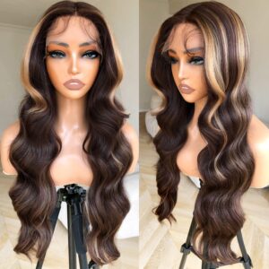 blackswern honey blonde ombre lace front wig, body wave highlight wigs pre-plucked, long layered wig with curtain bangs, glueless for black women, 4/27 highlights