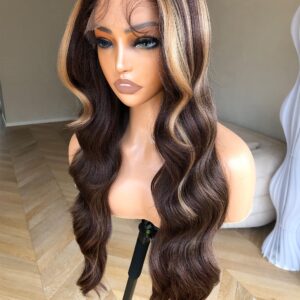 BlackSwern Honey Blonde Ombre Lace Front Wig, Body Wave Highlight Wigs Pre-plucked, Long Layered Wig with Curtain Bangs, Glueless for Black Women, 4/27 Highlights