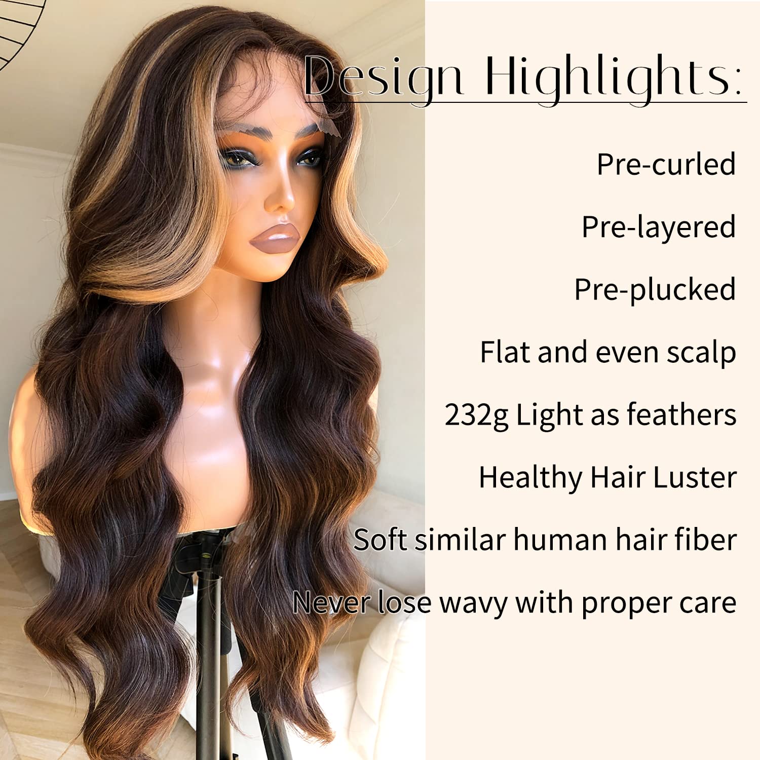 BlackSwern Honey Blonde Ombre Lace Front Wig, Body Wave Highlight Wigs Pre-plucked, Long Layered Wig with Curtain Bangs, Glueless for Black Women, 4/27 Highlights