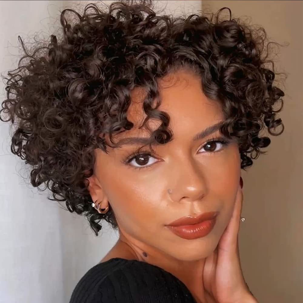 Amecire Short Curly Wigs for Black Women Human Hair Afro Natural Curly Wig Brazilian Virgin Pixie Cut Wig Human Hair With Bangs 150% Density None Lace Front Bob Wigs 1B Color (Big Curly)