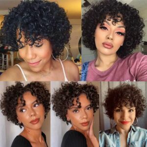 Amecire Short Curly Wigs for Black Women Human Hair Afro Natural Curly Wig Brazilian Virgin Pixie Cut Wig Human Hair With Bangs 150% Density None Lace Front Bob Wigs 1B Color (Big Curly)