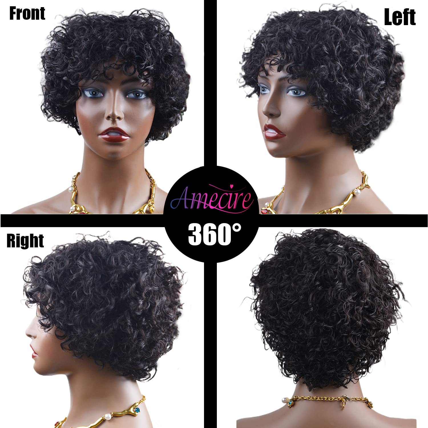 Amecire Short Curly Wigs for Black Women Human Hair Afro Natural Curly Wig Brazilian Virgin Pixie Cut Wig Human Hair With Bangs 150% Density None Lace Front Bob Wigs 1B Color (Big Curly)