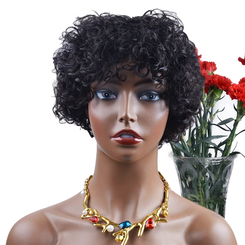 Amecire Short Curly Wigs for Black Women Human Hair Afro Natural Curly Wig Brazilian Virgin Pixie Cut Wig Human Hair With Bangs 150% Density None Lace Front Bob Wigs 1B Color (Big Curly)