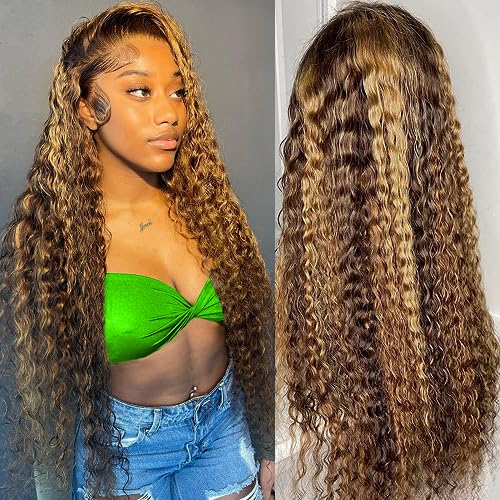 PIBERLO Highlight Ombre Lace Front Wig Human Hair 26 Inch 13X4 Deep Wave Honey Blonde Glueless Pre Plucked HD Lace Frontal Wigs 180% Density Curly Water Wave Wigs