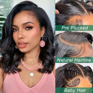 Douyin Bob Wig Human Hair 13x4 Frontal Lace Wig 14 Inch Body Wave 180% Density HD Lace Front Wigs Human Hair Pre Plucked Glueless Bob Wigs for Women Human Hair Wigs (14 inch, Natural Black)