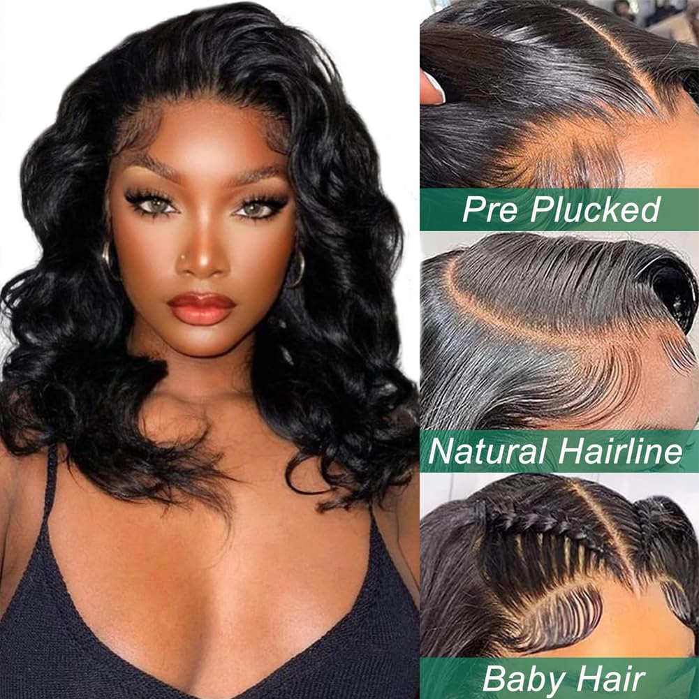 Douyin Bob Wig Human Hair 13x4 Frontal Lace Wig 14 Inch Body Wave 180% Density HD Lace Front Wigs Human Hair Pre Plucked Glueless Bob Wigs for Women Human Hair Wigs (14 inch, Natural Black)