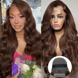 lainss chocolate brown lace front wig human hair 180% density brown body wave 13x4 lace front wigs human hair for black women 4# colored wigs human hair (24inch)