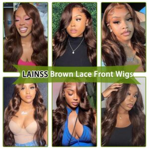 LAINSS Chocolate Brown Lace Front Wig Human Hair 180% Density Brown Body Wave 13x4 Lace Front Wigs Human Hair for Black Women 4# Colored Wigs Human Hair (24inch)