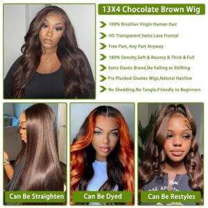 LAINSS Chocolate Brown Lace Front Wig Human Hair 180% Density Brown Body Wave 13x4 Lace Front Wigs Human Hair for Black Women 4# Colored Wigs Human Hair (24inch)