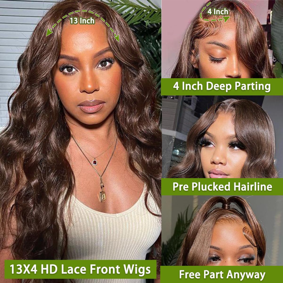 LAINSS Chocolate Brown Lace Front Wig Human Hair 180% Density Brown Body Wave 13x4 Lace Front Wigs Human Hair for Black Women 4# Colored Wigs Human Hair (24inch)