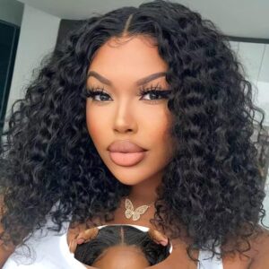 srakuw wear and go glueless wigs human hair pre plucked pre cut lace front wigs for black women 180% density water wave bob wig human hair curly wig (14 inch)