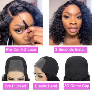 Srakuw Wear and Go Glueless Wigs Human Hair Pre Plucked Pre Cut Lace Front Wigs for Black Women 180% Density Water Wave Bob Wig Human Hair Curly Wig (14 Inch)