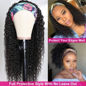 Eooma Headband Curly Human Hair Wigs for Black Women 10A 180% Density Brazilian Kinky Curly Wigs Scarf Gluelees Remy Hair