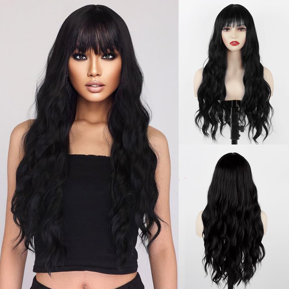 Black Wave Wigs with Bangs Body Wave Wigs for Women Glueless Curly Wigs Synthetic Long Wave Wigs Hair Replacement Wigs For Girls Daily Use Heat Resistant Natural Black 24 Inch