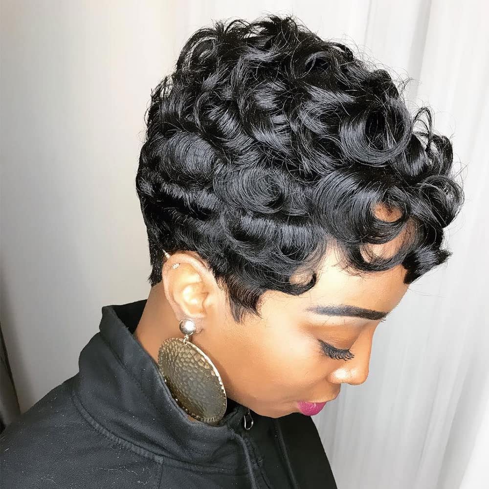 VCK Short Human Hair Wigs for Black Women Short Curly Human Hair Wigs Pixie Cut Wigs for Black Women Black Wigs Brazilian Remy Human Hair Glueless Full Machine Made