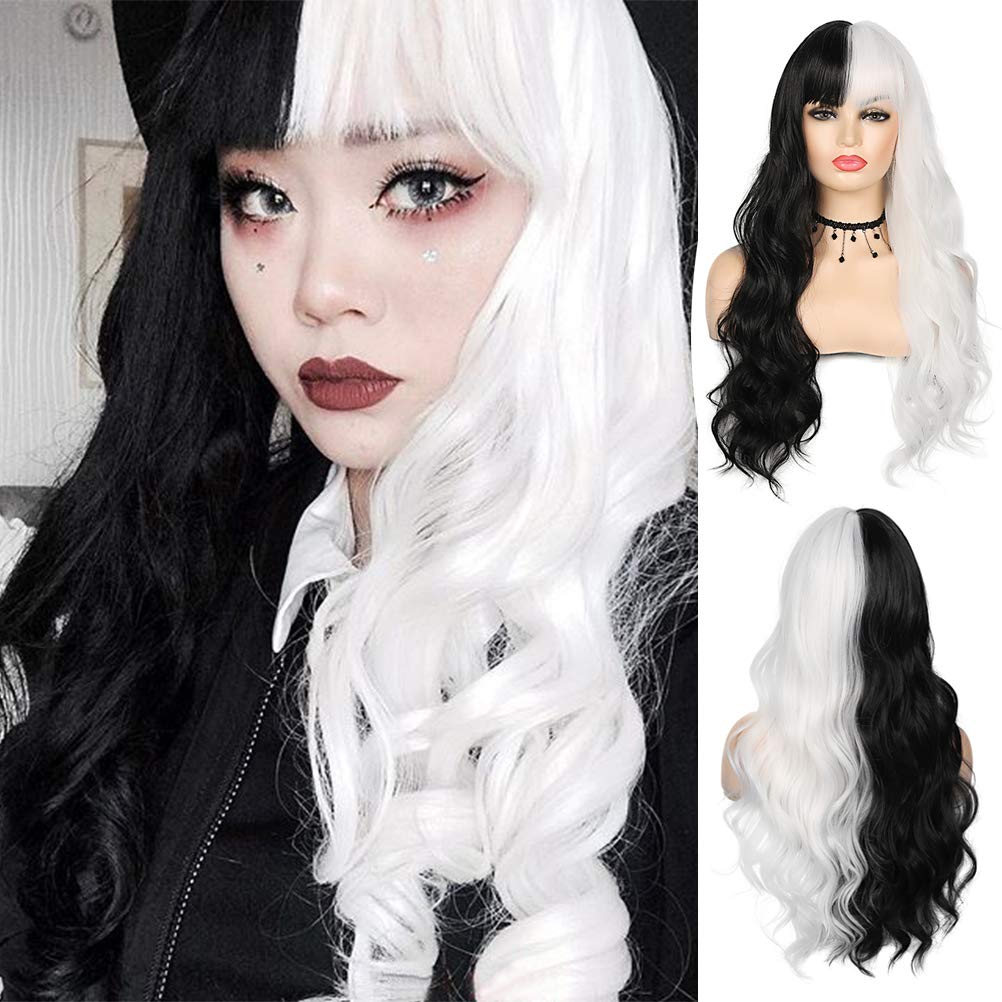 Sallcks Black White Wig Long Curly Wavy Split 2 Tone Wigs With Bangs Synthetic Cosplay Costume Halloween Wigs for Women