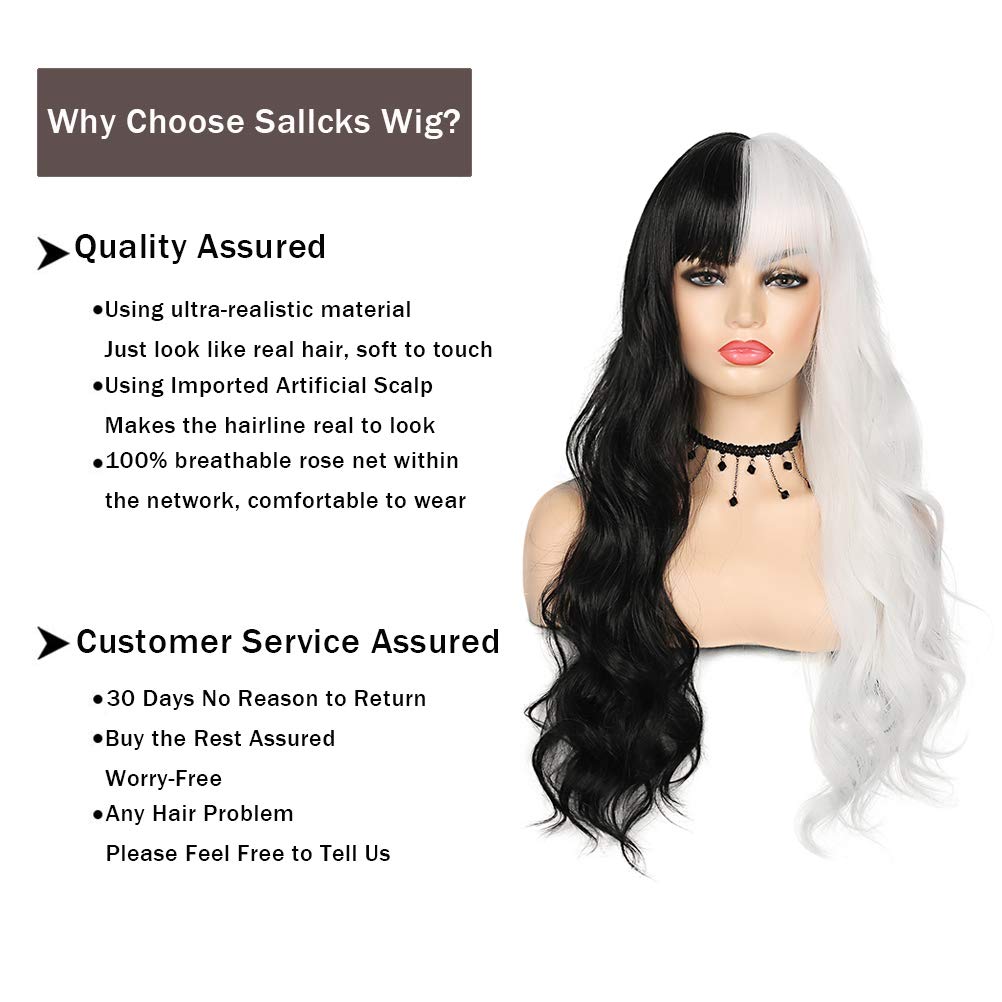 Sallcks Black White Wig Long Curly Wavy Split 2 Tone Wigs With Bangs Synthetic Cosplay Costume Halloween Wigs for Women