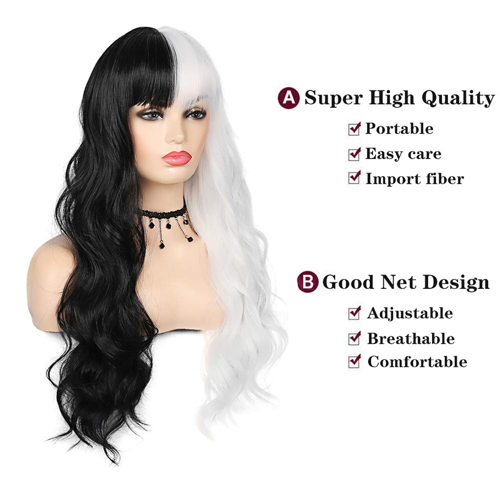 Sallcks Black White Wig Long Curly Wavy Split 2 Tone Wigs With Bangs Synthetic Cosplay Costume Halloween Wigs for Women