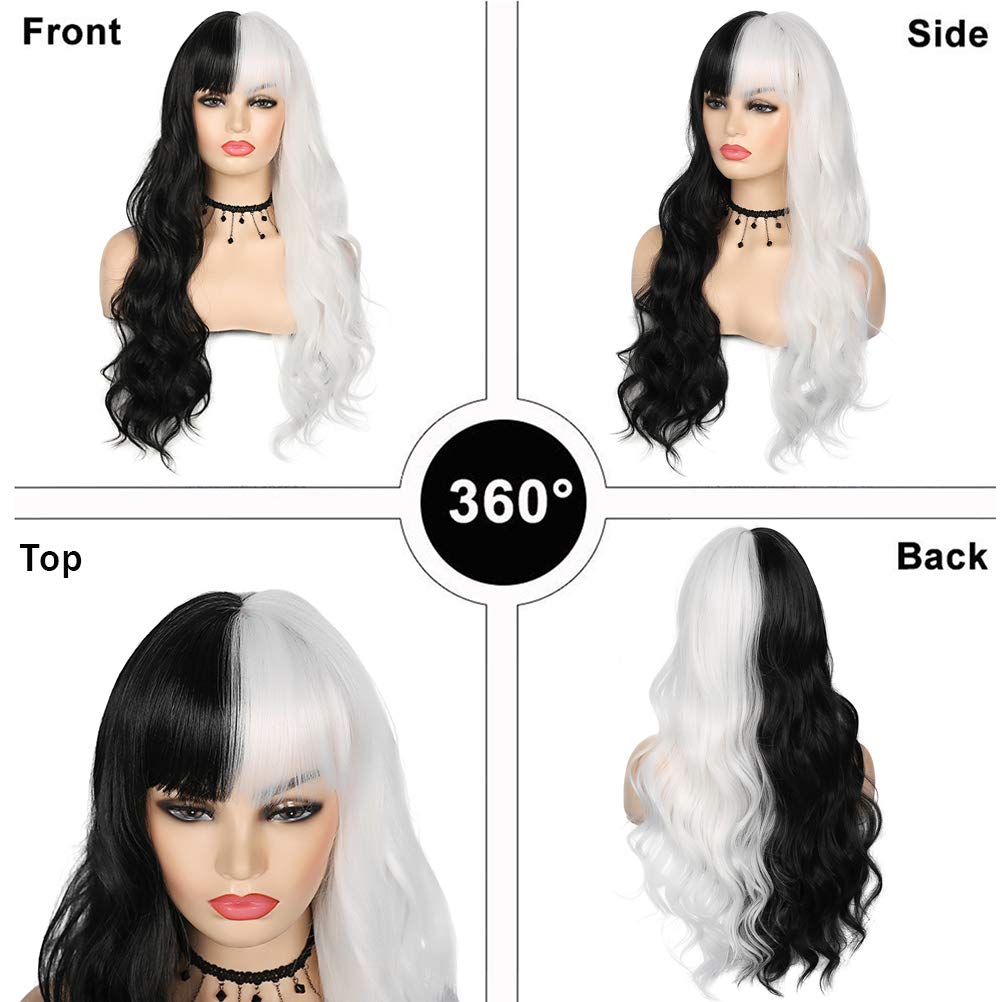 Sallcks Black White Wig Long Curly Wavy Split 2 Tone Wigs With Bangs Synthetic Cosplay Costume Halloween Wigs for Women