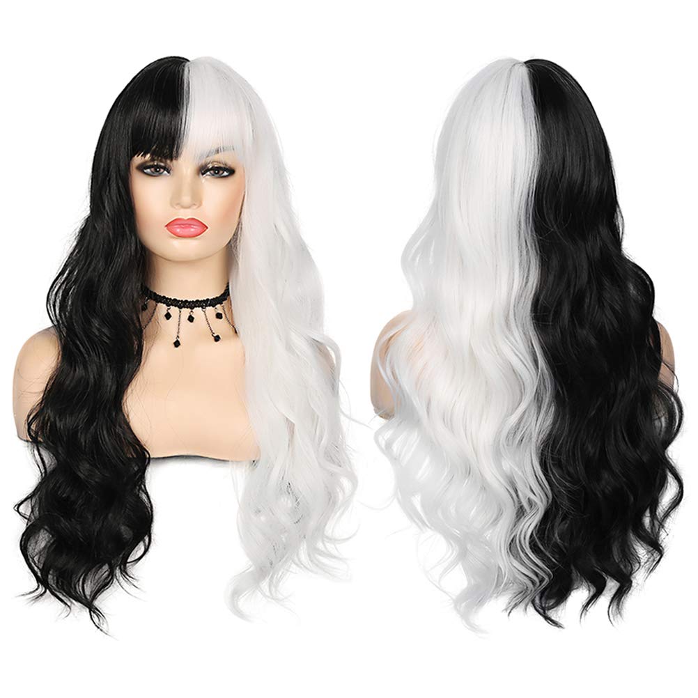 Sallcks Black White Wig Long Curly Wavy Split 2 Tone Wigs With Bangs Synthetic Cosplay Costume Halloween Wigs for Women