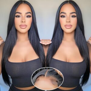 Xinjiju Glueless Wigs Human Hair Pre Plucked Pre Cut Ready to Go Glueless Wig 6x4 Straight Lace Front Wigs Human Hair Ready to Wear Wigs for Black Women 20 Inch