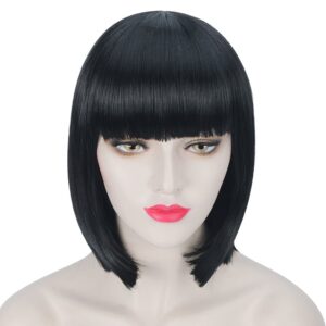 WELLKAGE 14 inches Halloween Party Short Straight Black Bob Hair Wigs