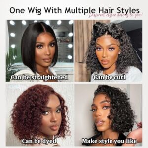 Xinjiju Ready to Go Glueless Wig Short Curly Bob Wigs for Black Women Glueless Human Hair 6x4 Glueless Bob Wig Pre Plucked Pre Cut Natural Hairline Water Wave Lace Front Wigs 200% Density 12 Inch