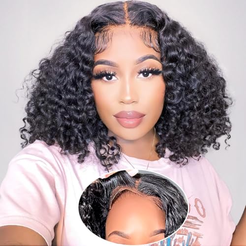 Xinjiju Ready to Go Glueless Wig Short Curly Bob Wigs for Black Women Glueless Human Hair 6x4 Glueless Bob Wig Pre Plucked Pre Cut Natural Hairline Water Wave Lace Front Wigs 200% Density 12 Inch