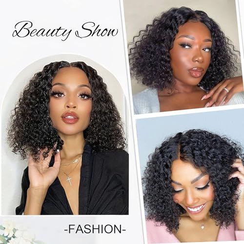 Xinjiju Ready to Go Glueless Wig Short Curly Bob Wigs for Black Women Glueless Human Hair 6x4 Glueless Bob Wig Pre Plucked Pre Cut Natural Hairline Water Wave Lace Front Wigs 200% Density 12 Inch