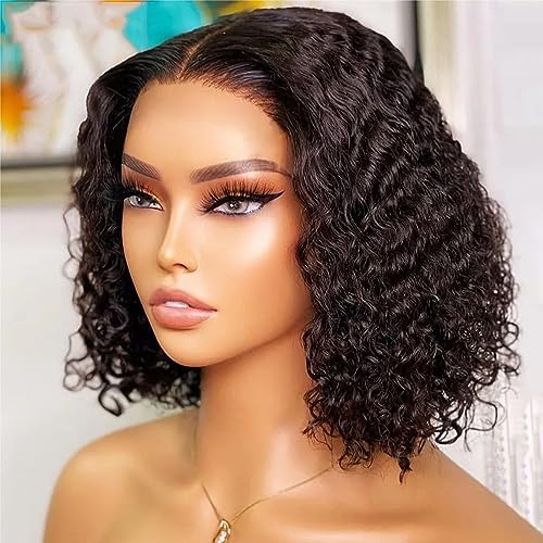 Xinjiju Ready to Go Glueless Wig Short Curly Bob Wigs for Black Women Glueless Human Hair 6x4 Glueless Bob Wig Pre Plucked Pre Cut Natural Hairline Water Wave Lace Front Wigs 200% Density 12 Inch