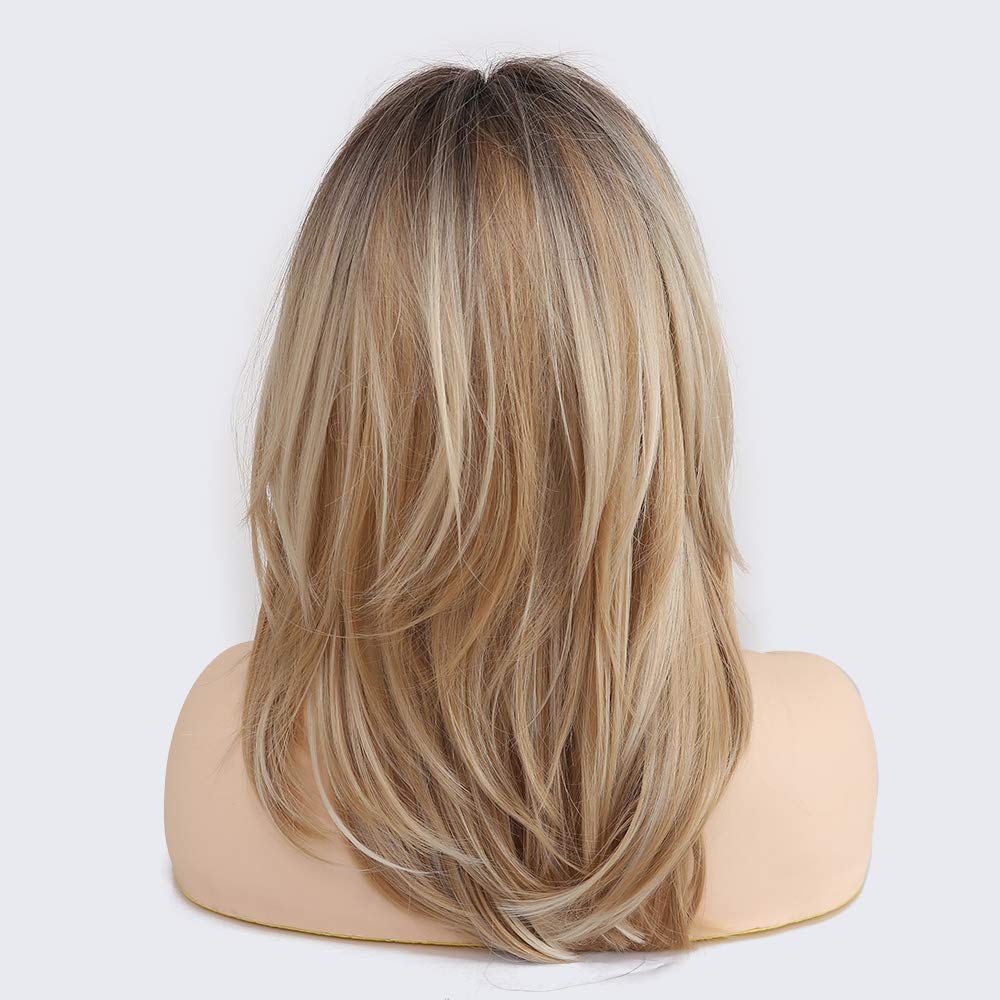 HAIRCUBE Blonde Wigs Shoulder Length Layered Wigs Long Curly Wigs for Women 18 Inch Wigs with Bangs